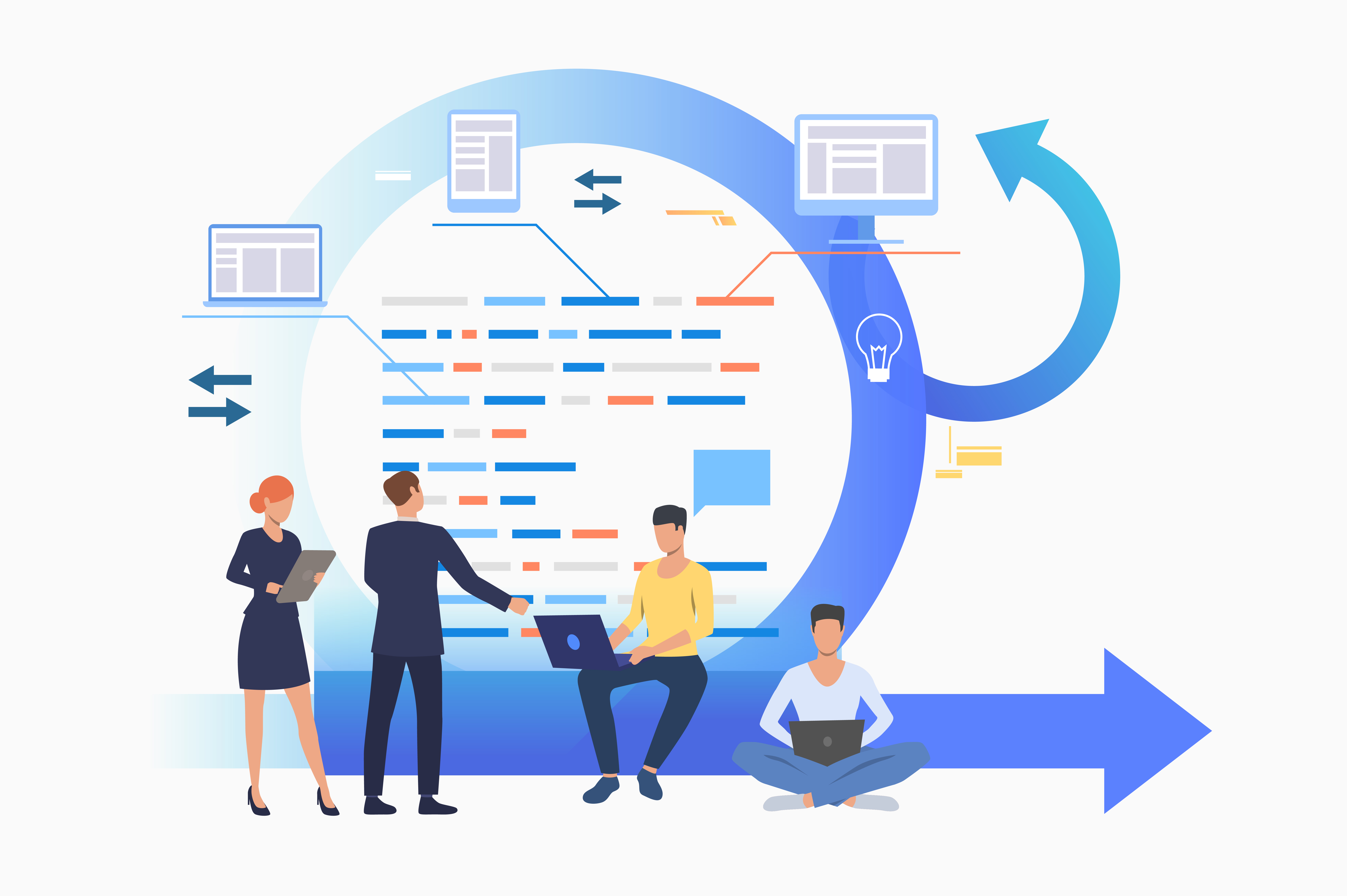 Team of people collaborating on laptops and tablets in front of flowchart diagrams and arrow symbols, representing software development, Agile workflow, or project management.