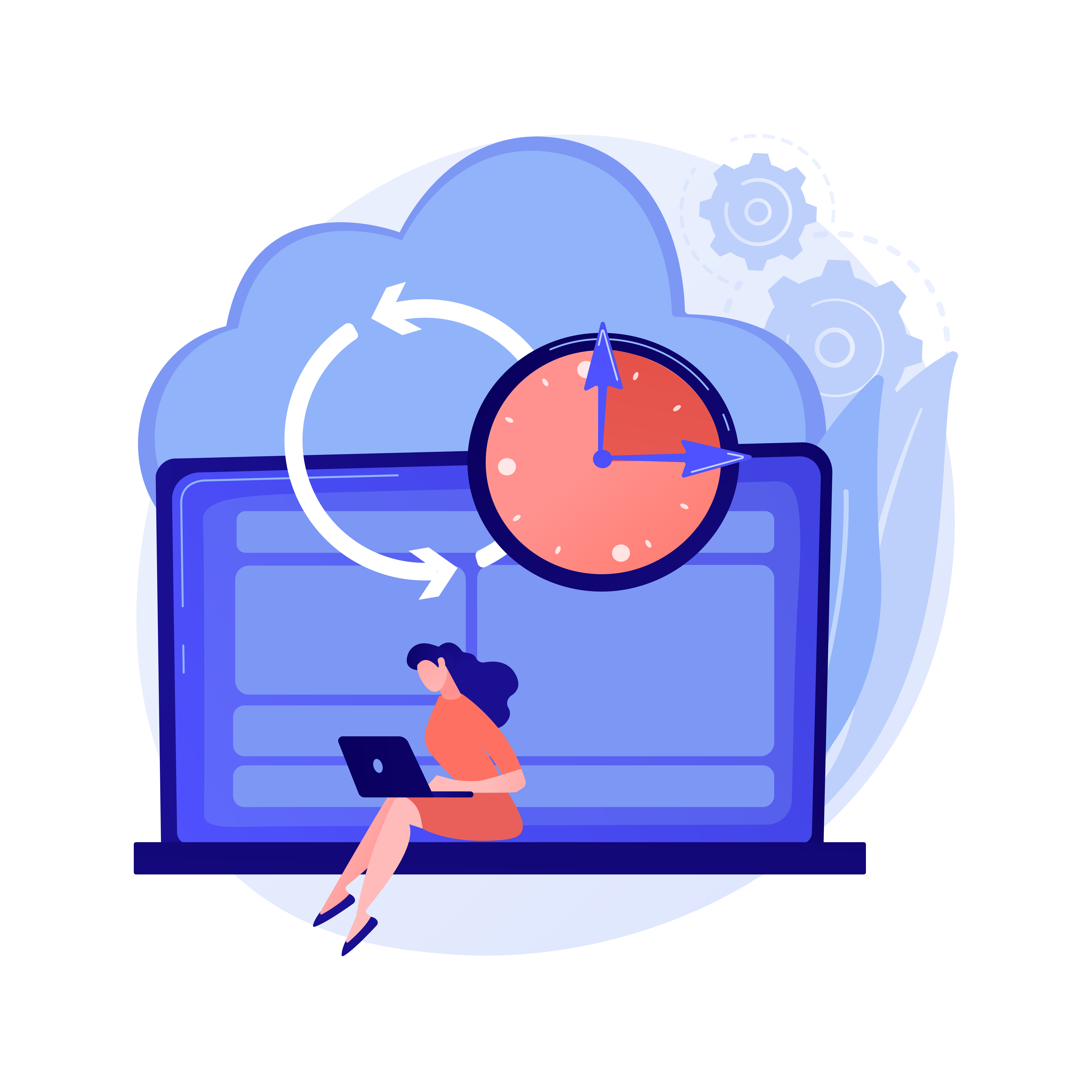 Illustration of cloud synchronization with a clock and a woman working on a laptop.