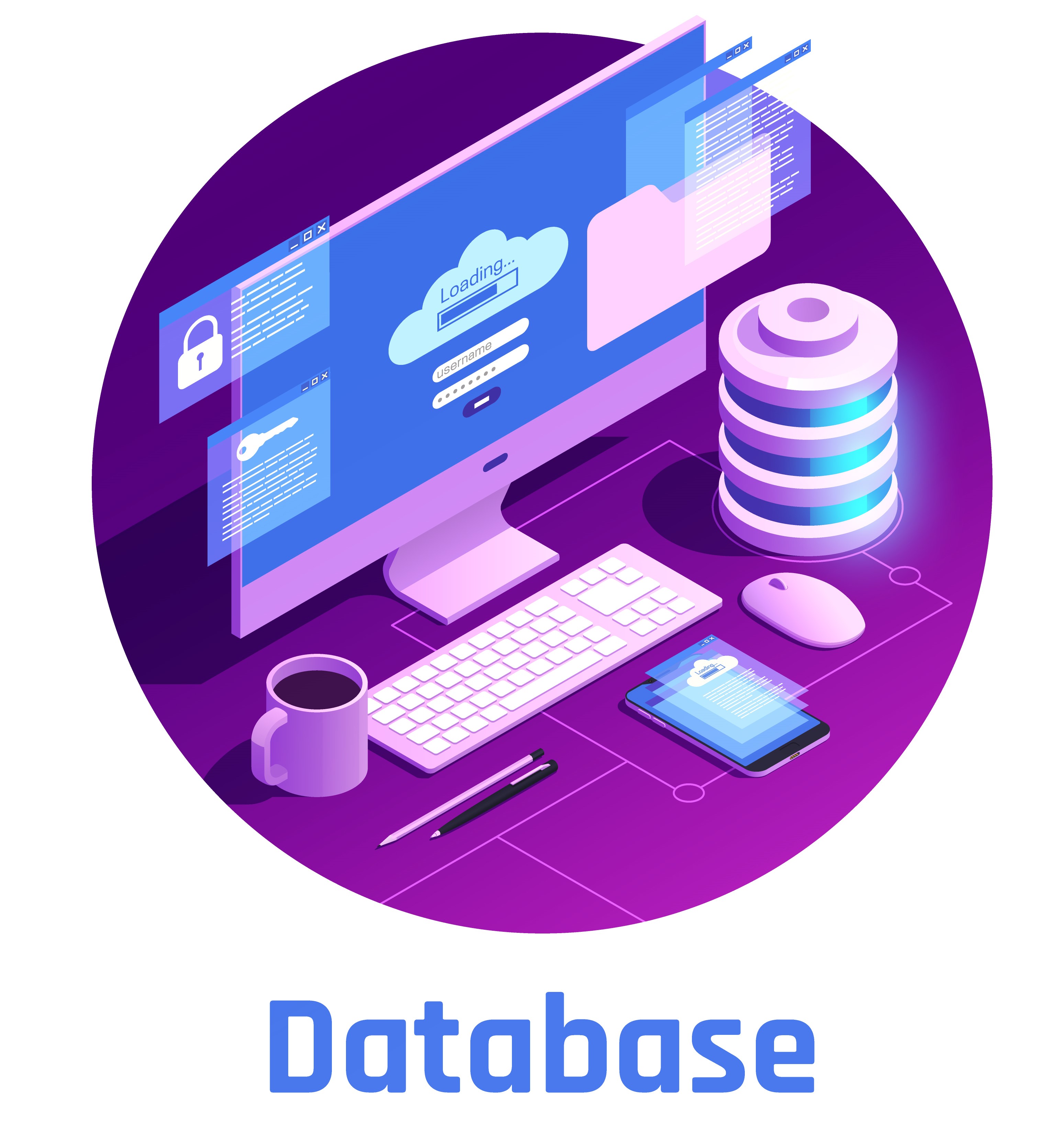 Isometric illustration of a computer setup with a cloud database, security icons, and a tablet on a futuristic purple-themed desk, representing cloud computing and data management.