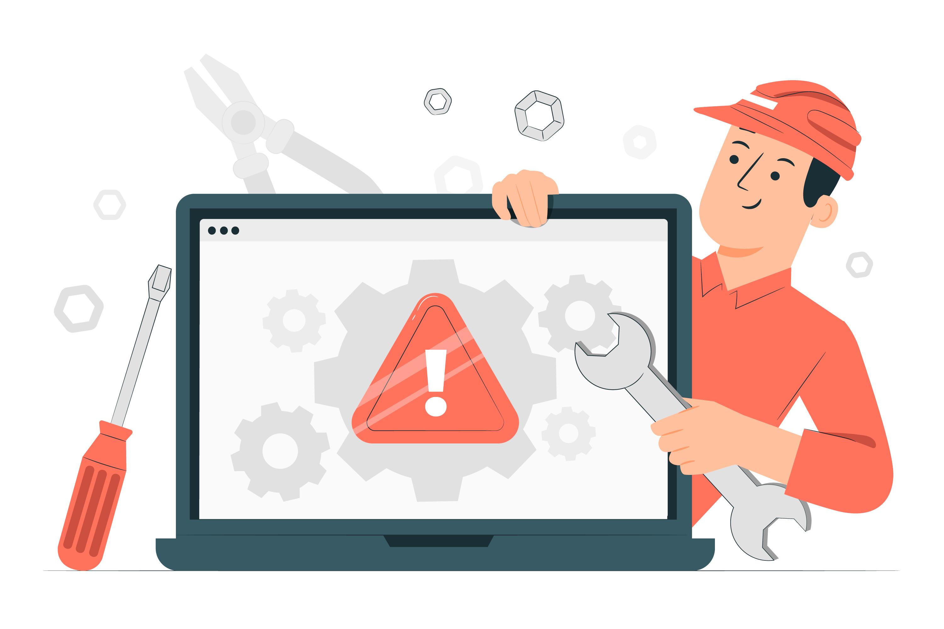 Illustration of a technician holding a wrench, fixing a system error displayed on a laptop screen