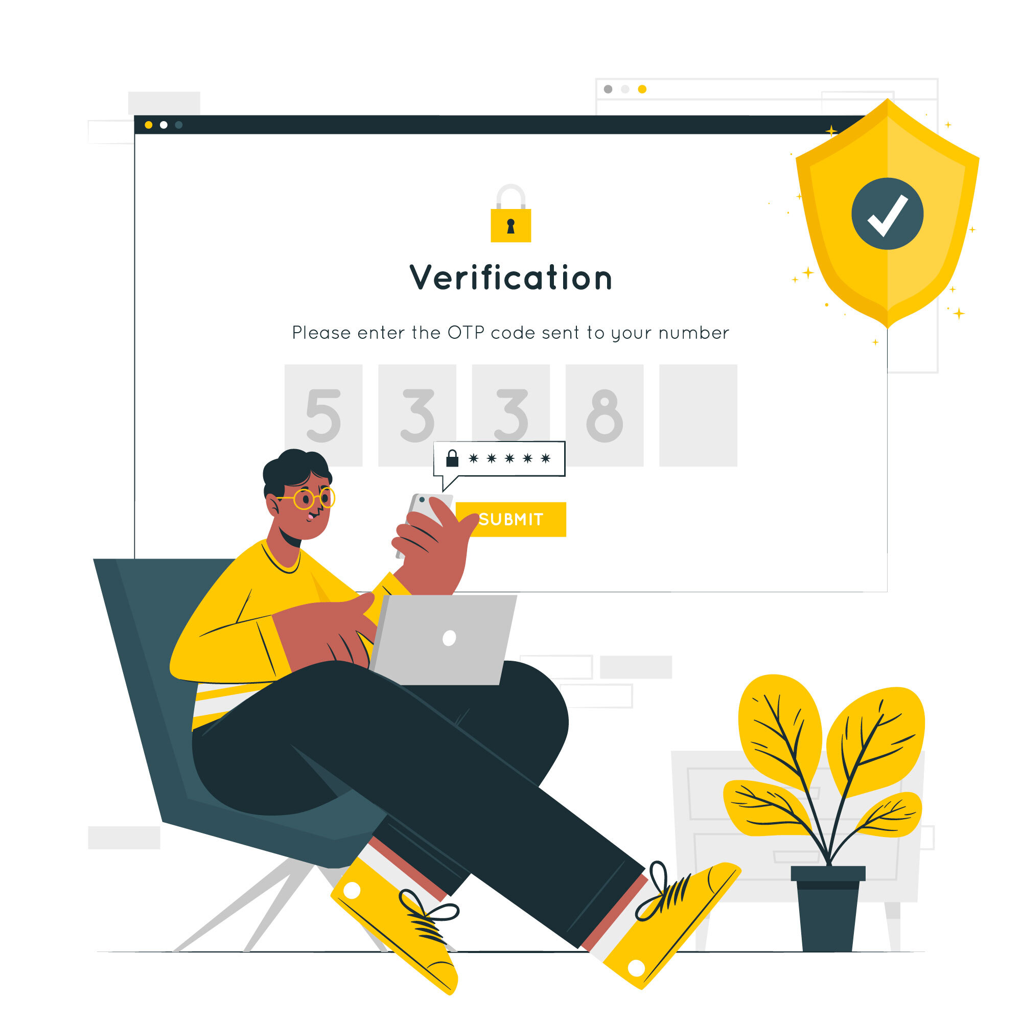 Illustration of a person entering an OTP code for two-factor authentication, representing secure login verification with a shield icon for data protection.
