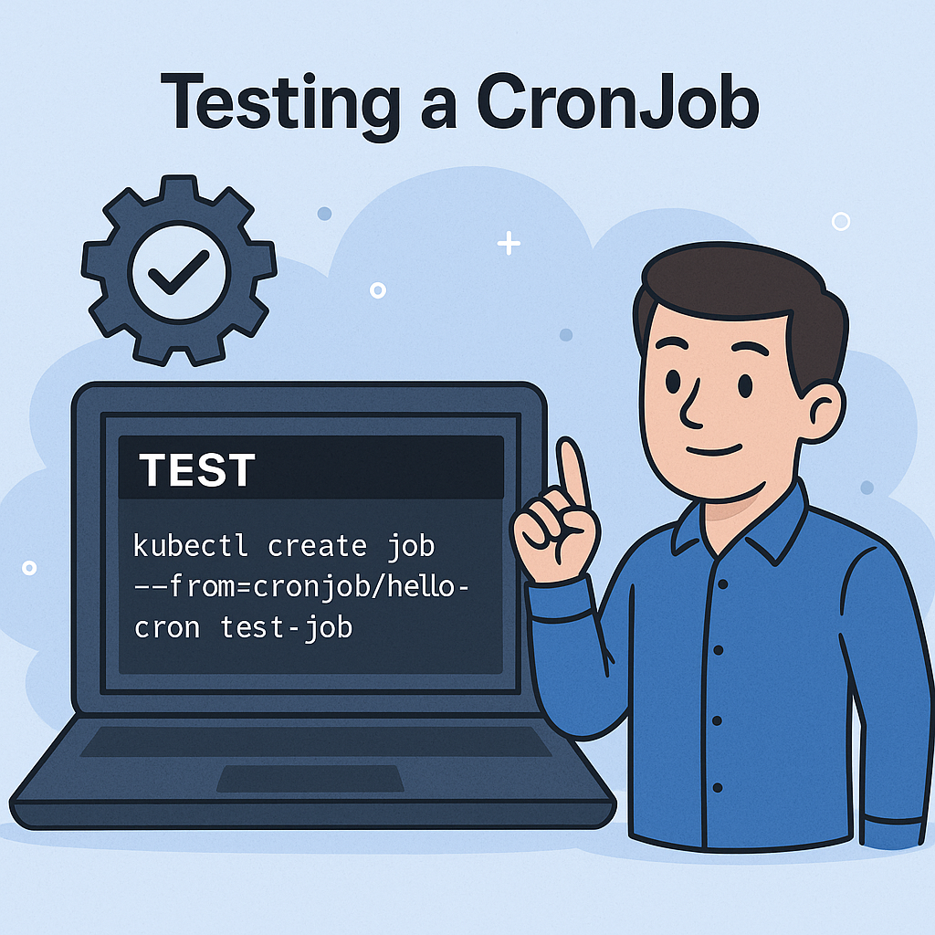 Illustration of a developer testing a Kubernetes CronJob, showing task success and error handling in a Kubernetes environment